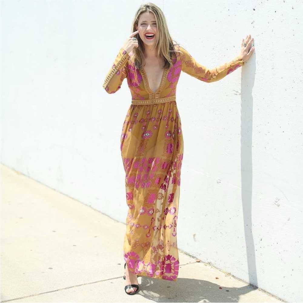 For Love And Lemons Gold and Pink Maxi Dress